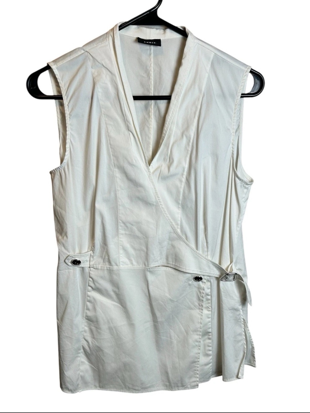 AKRIS Main Line White Sleeveless Wrap Blouse Top Cinch Waist Face Button Size 10